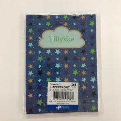 4 dobbeltkort m. kuvert - Tillykke/Blomster/Stjerner