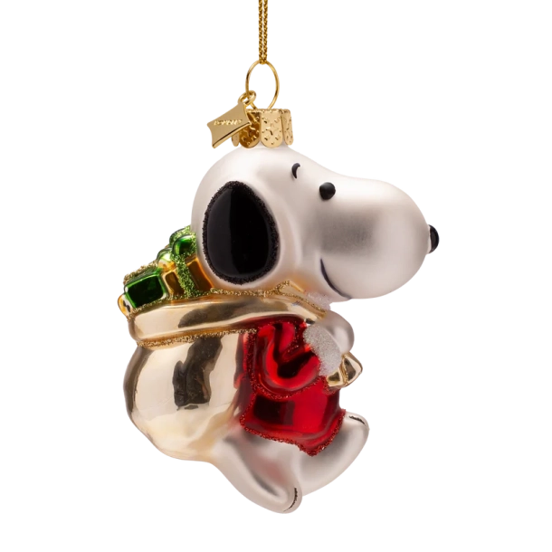 Julekugle glas Snoopy/Peanuts med gaves�k H9cm