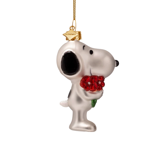 Julekugle glas Snoopy/Peanuts med blomster H9cm