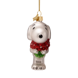 Julekugle glas Snoopy/Peanuts med blomster H9cm