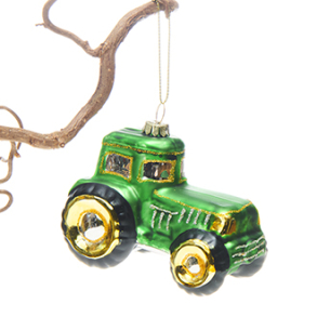 Julekugle, Traktor, glas, gr�n, med snor � 7x9cm