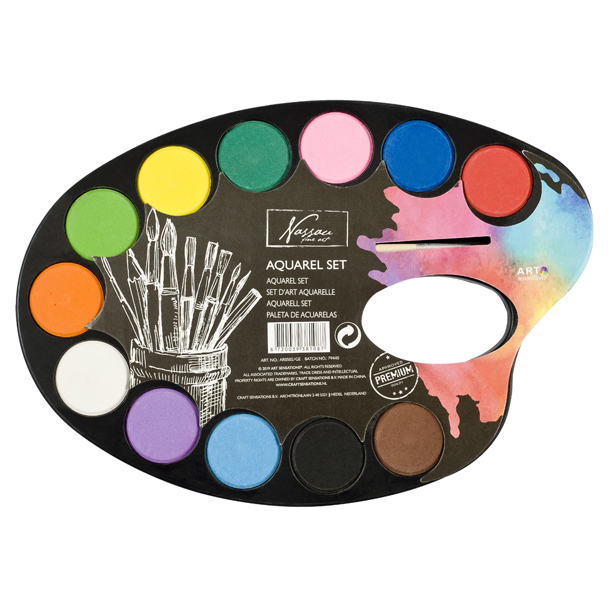 Akvarels�t med palette, 12 farver + 1 pensel