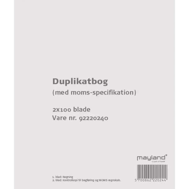 Duplikatbog m. moms 2 x 100 sider m. kopi