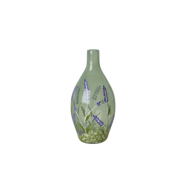 Rice vase, grn med blomster
