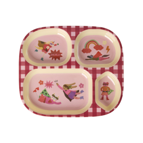 Rice, Melamin B�rnetallerken med 4 rum, super hero, lyser�d/vinr�d