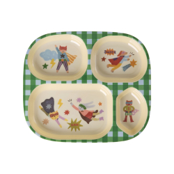 Rice, Melamin B�rnetallerken med 4 rum, super hero, gr�n