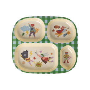 Rice, Melamin B�rnetallerken med 4 rum, super hero, gr�n