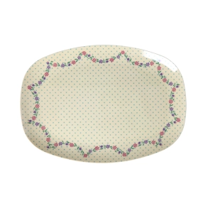 Stor Rektangul�r Middagstallerken - Creme - Dots and Flowers Print