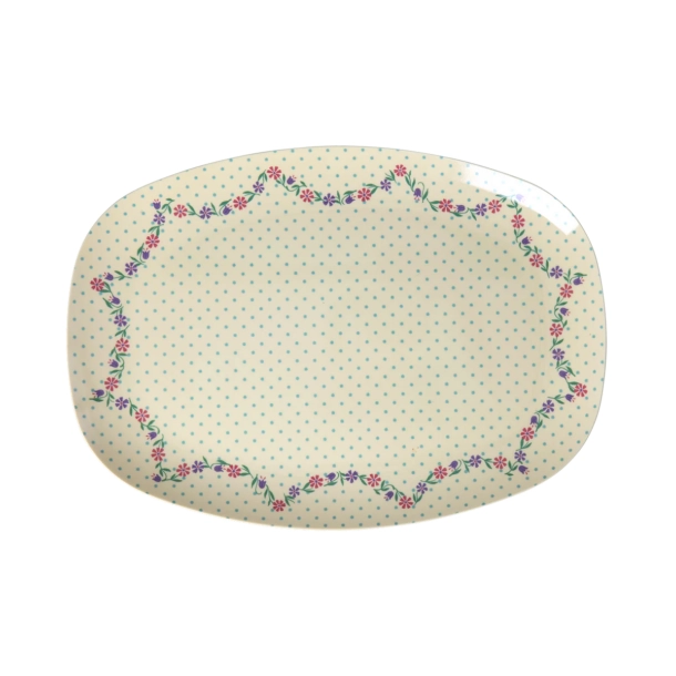 Stor Rektangul�r Middagstallerken - Creme - Dots and Flowers Print