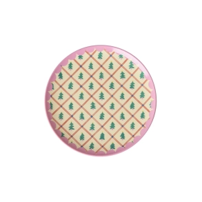 Rice Lille Rund Kagetallerken - Creme - Diamond Christmas Tree Print