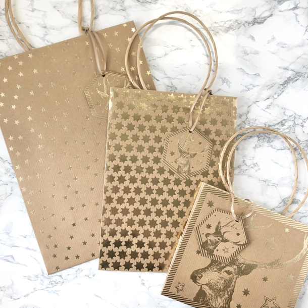 Artebene st med 3 gaveposer, brun med guld motiv