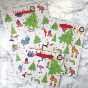 Artebene st med 3 gaveposer, dyr med julemotiv