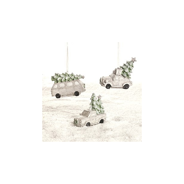 Bil med juletr, pastelfarvet, med snor