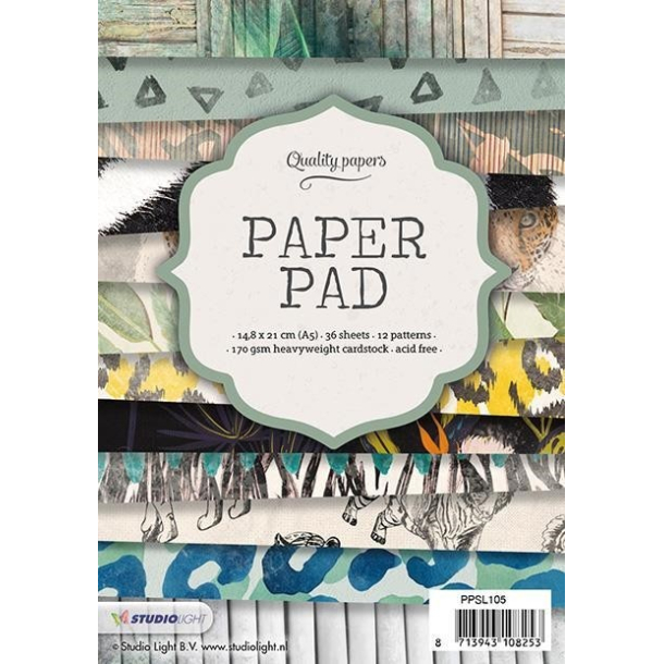 Blok med mnstret papir, 36 ark, dyremotiver