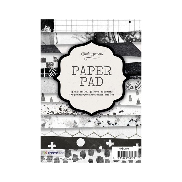 Blok med mnstret papir, 36 ark, sort / hvid