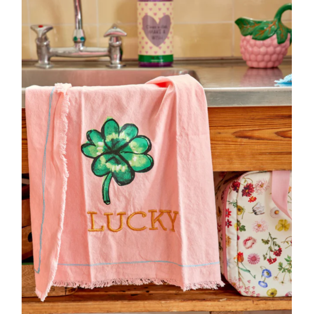 Bomuld Viskestykke - Lyserd - Good Luck Print