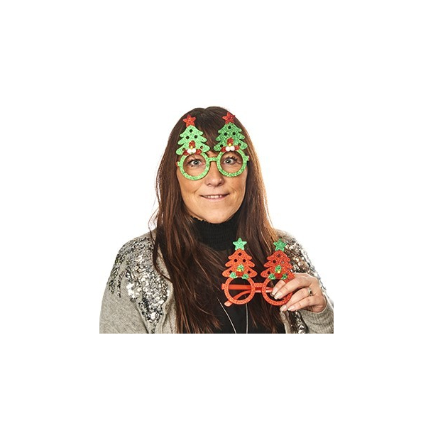 Briller, plast, med glimmer filt juletrer