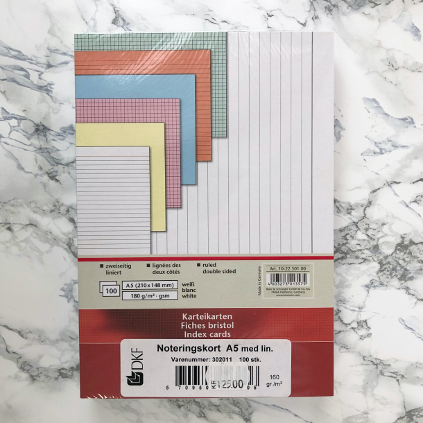 DFK Kartotekskort format A5, linieret, 100 stk.
