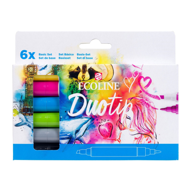 Duotip Ecoline watercolor brush pen st med 6 stk., Basic