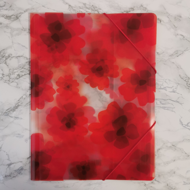 Elastikmappe, gennemsigtig m. rde blomster