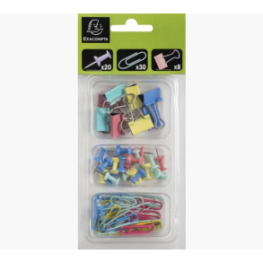 Exacompta st med 58 tegnestifter, papirclips og klemmer, pastelfarvet