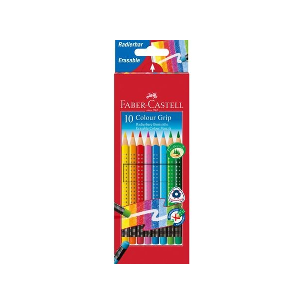 Faber Castell Colour Grip farveblyanter m. viskelder, 10 stk.