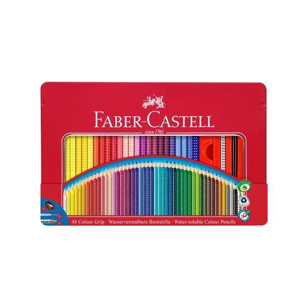 Faber Castell Grip akvarel farveblyanter i metal ske 48 stk. + pensel og tegneblyant