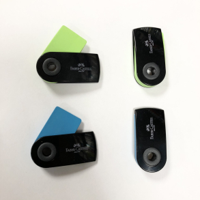 Faber Castell mini viskelder i sort plast omslag, bl el. grn