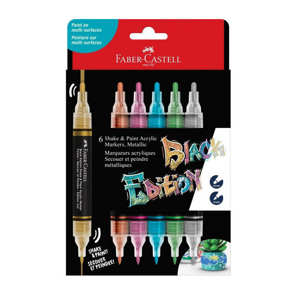 Faber Castell shake and paint, dobbelt akryl markers, metallic, 6 stk. 