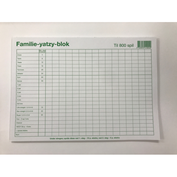 Familie Yatzy med 6 terninger - BLOK A4
