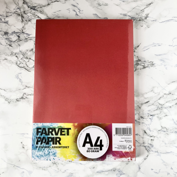 Farvet papir, A4, assorteret, 80g, 200 ark