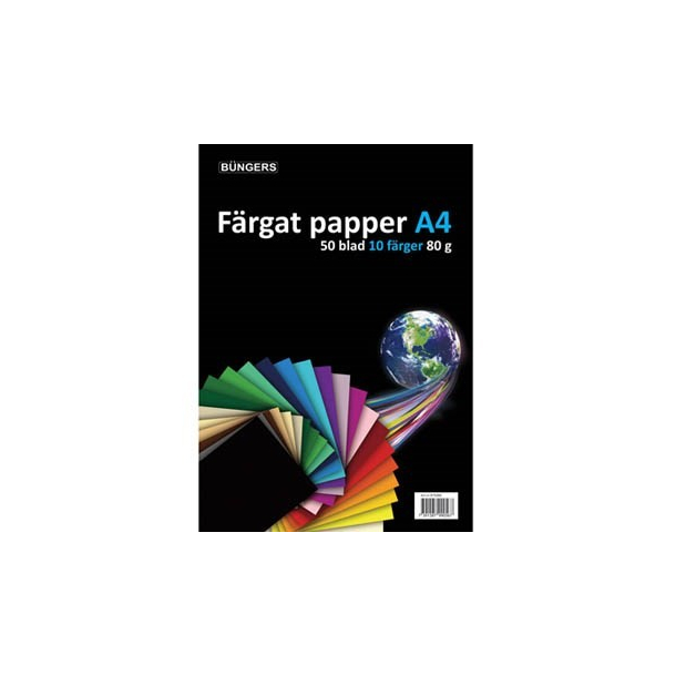 Farvet papir, A4, assorteret, 80g, 50 ark