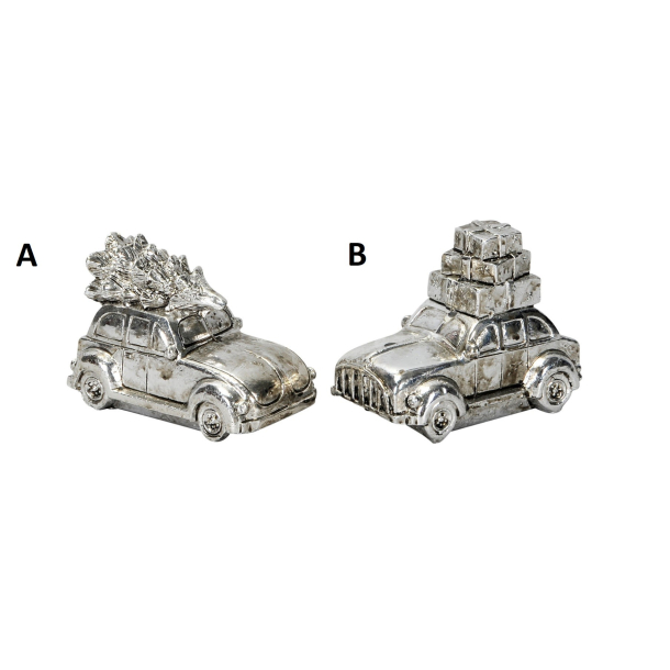 Figur bil m/ juletr og pakker, 2 ass. slv polyresin H:6 L:7 B:4,5