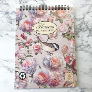 Flowers Pignanature Notesblok, A5, ternet papir, Blomster og fugl