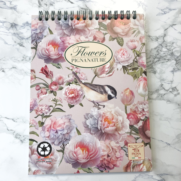 Flowers Pignanature Notesblok, A5, ternet papir, Blomster og fugl