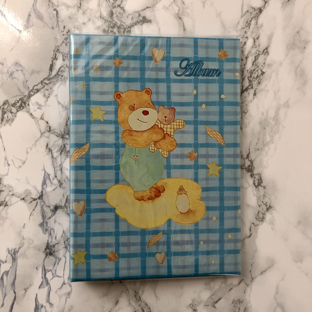 Fotoalbum med bamse, miniformat, bl