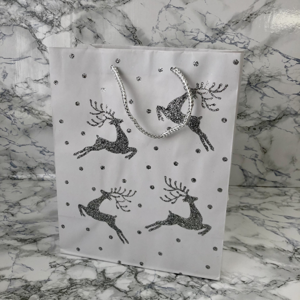 Gavepose med hank, hvid med slv glimmer rensdyr, mellem