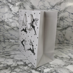 Gavepose med hank, hvid med slv glimmer rensdyr, mellem