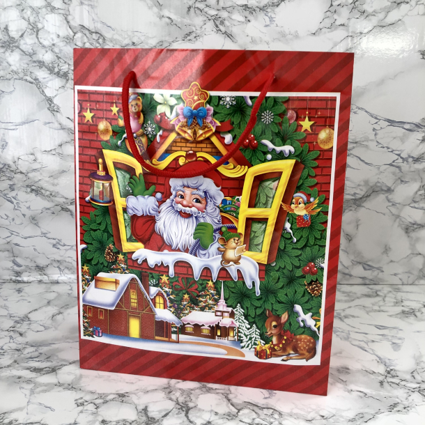 Gavepose med hank, Rd med julemand i vindue, stor