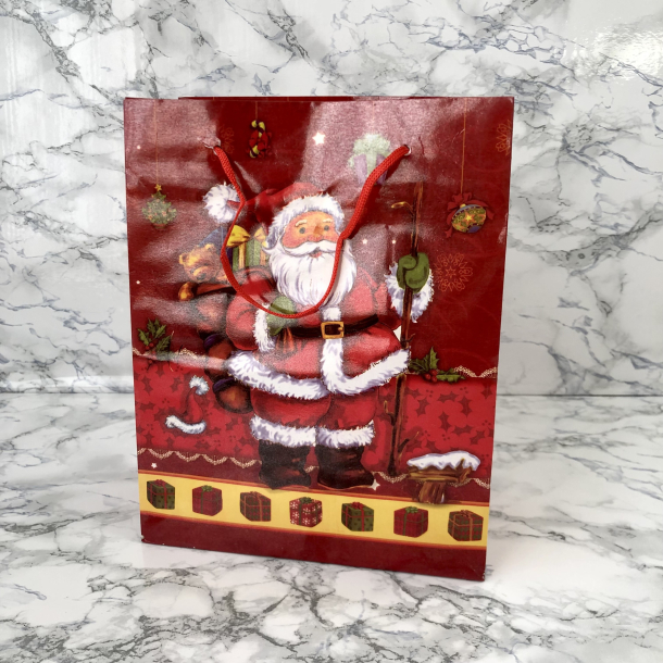 Gavepose med hank, Rd med julemand med gaver i sk, lille