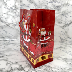 Gavepose med hank, Rd med julemand med gaver i sk, lille