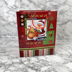 Gavepose med hank, Rd og grn med julemand og gavesk, lille