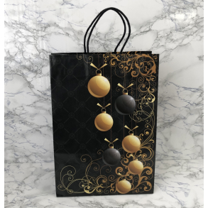 Gavepose med hank, Sort med guld julekugler, stor