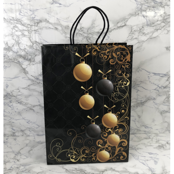 Gavepose med hank, Sort med guld julekugler, stor