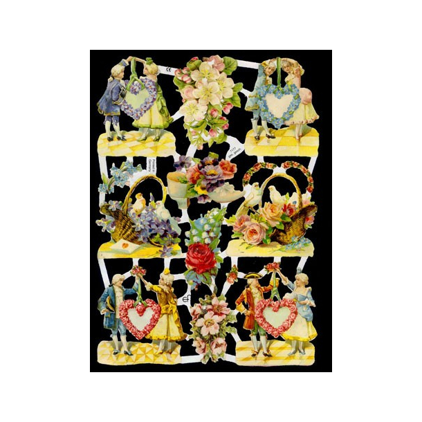 Glansbilleder blomsterhjerter/par / 3-7177