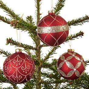 Glaskugle, rd med gulddeko., med snor – 8 cm, 3 ASS.