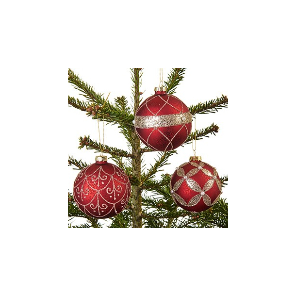 Glaskugle, rd med gulddeko., med snor &ndash; 8 cm, 3 ASS.