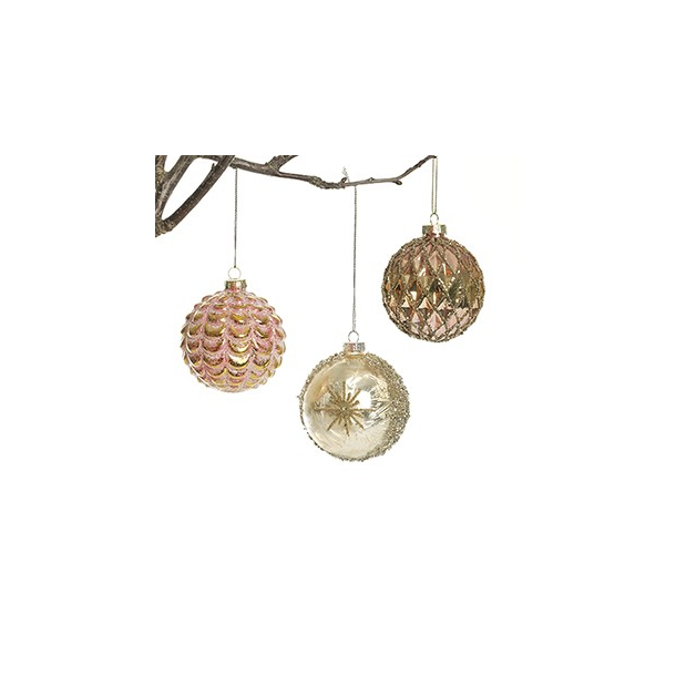 Glaskugle, rosa-guld med deko, 8 cm, ASS.