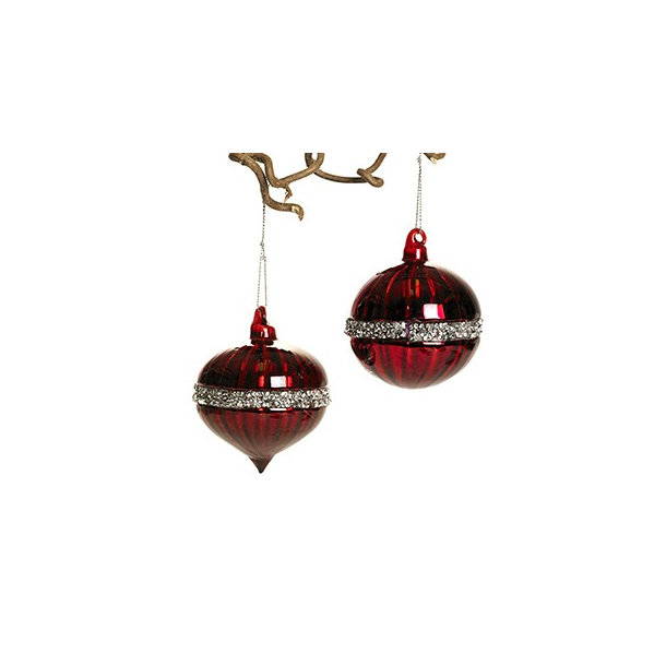 Glaspynt, rd, med deko. &amp; snor &ndash; 8 cm, 2 ASS.