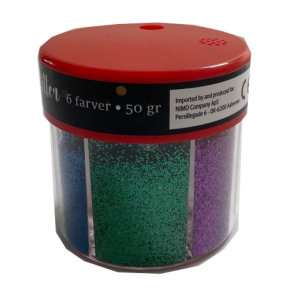 Glitterdse med 6 farver, 50g.